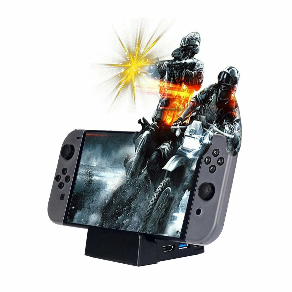 Base dock portátil para Nintendo Switch conectada a consola y TV