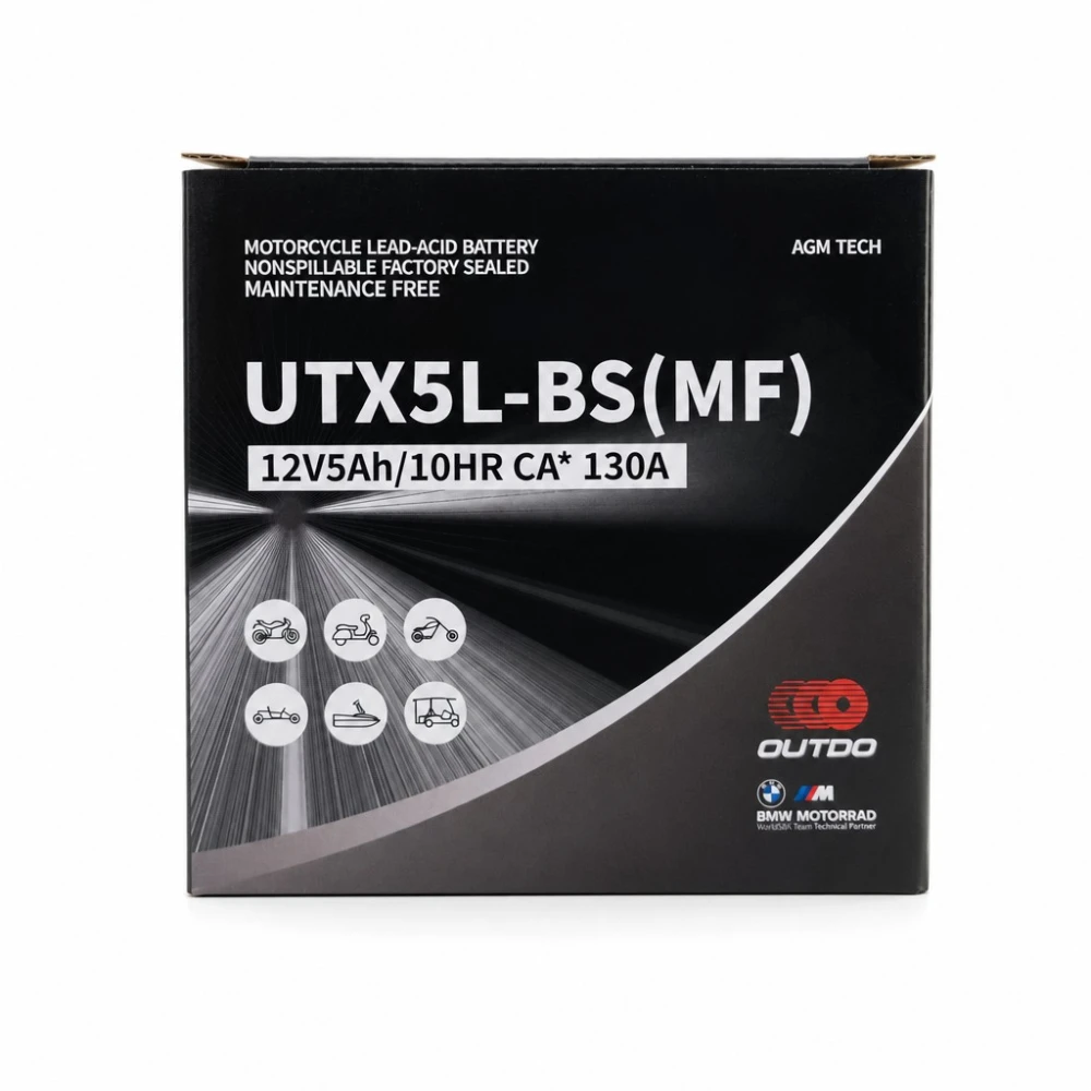 Motocikl Baterija AGM 12V 5Ah OUTDO UTX5L-BS(MF) - Kompatibilna Yuasa YTX5L-BS / GTX5L-BS / ETX5L-BS
