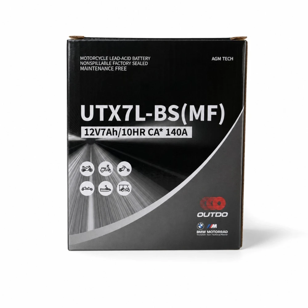 Motociklna Baterija AGM 12V 7Ah OUTDO UTX7L-BS(MF) - Kompatibilna Yuasa YTX7L-BS / GTX7L-BS / ETX7L-BS