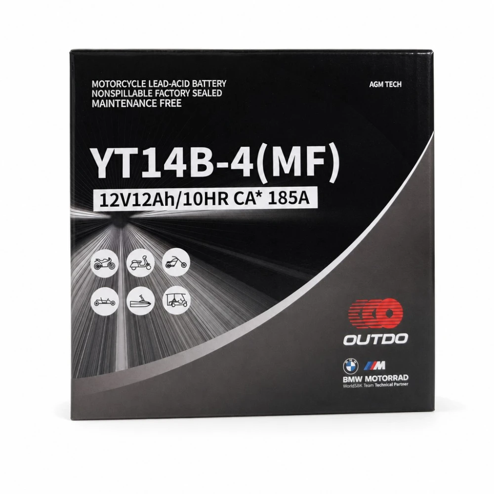 Motociklna Baterija AGM 12V 12Ah OUTDO YT14B-4(MF) - Kompatibilna Yuasa YT14B-BS / GT14B-BS / GT14B-4 / ETZ14B-BS / ET14B-4