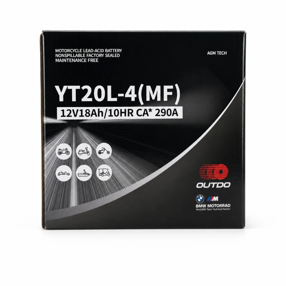 Motociklna Baterija AGM 12V 18Ah OUTDO YT20L-4(MF) - Kompatibilna Yuasa YTX20L-BS / GTX20L-BS / ETX20L-BS / Y50-N18L-A