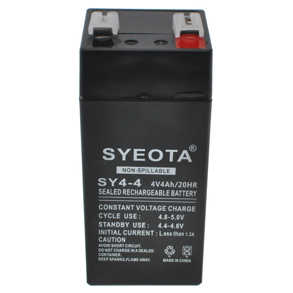 Batería plomo SY4-4 recargable 4V4Ah con terminales rojo y negro visibles