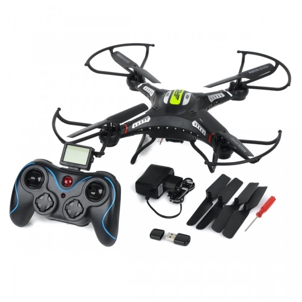 Vista frontal del drone JJRC H8C con luces LED y cámara integrada