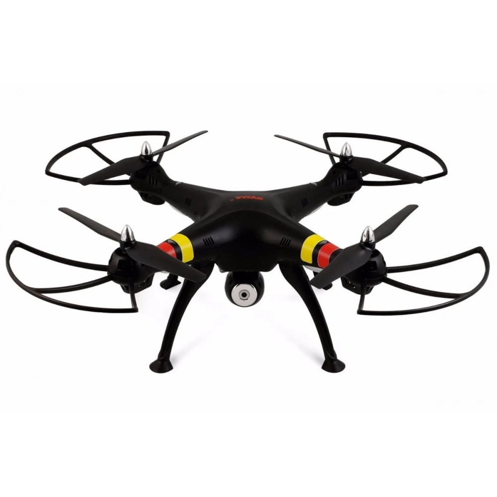 Vista del quadcopter drone Syma X8W negro con cámara y mando a distancia