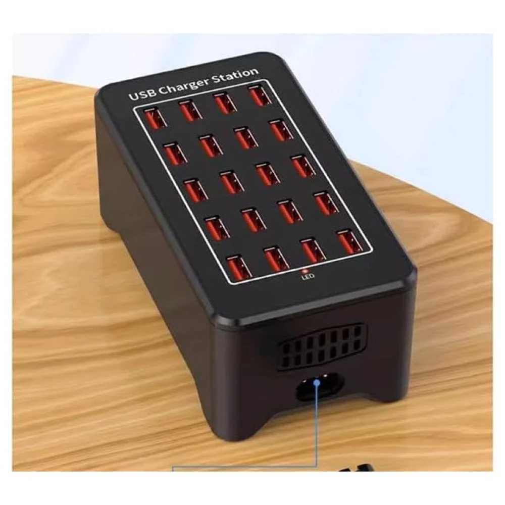 Detalle de puertos USB en estación de carga inteligente 100W para varios dispositivos