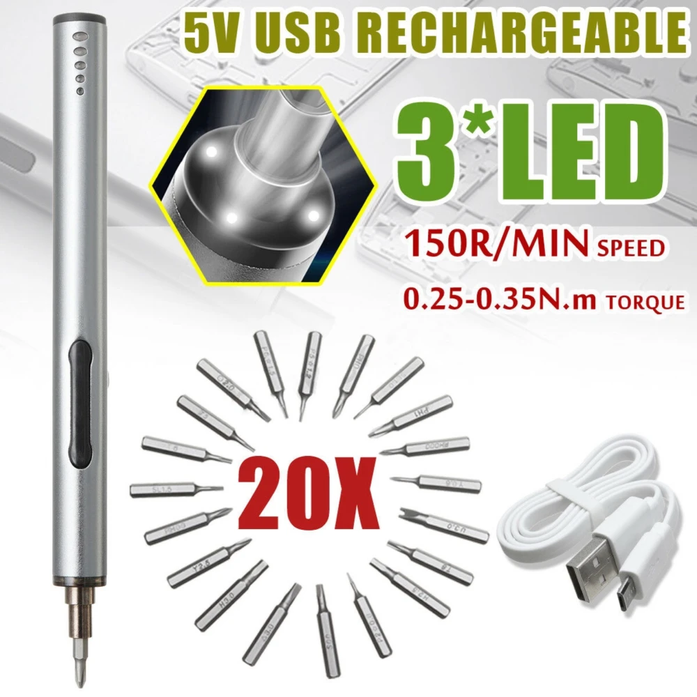 Mini električni odvijač bežični USB punjivi 3 LED multifunkcijski 22u1 set