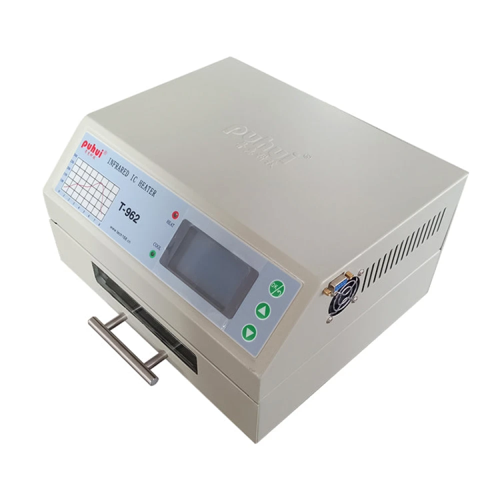 Interfaz del horno Puhui T-962 V2.0 mostrando curva de temperatura en pantalla