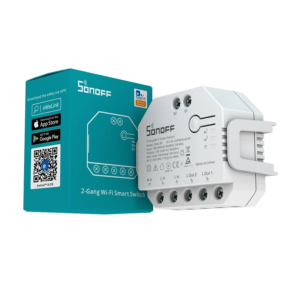Vista frontal del SONOFF DUAL R3 módulo de relé dual blanco