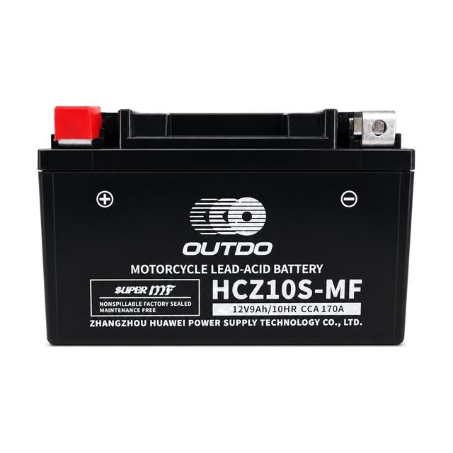 OUTDO HCZ10S-MF, akumulator za motocikl YTZ10S prikazan sprijeda s oba pola
