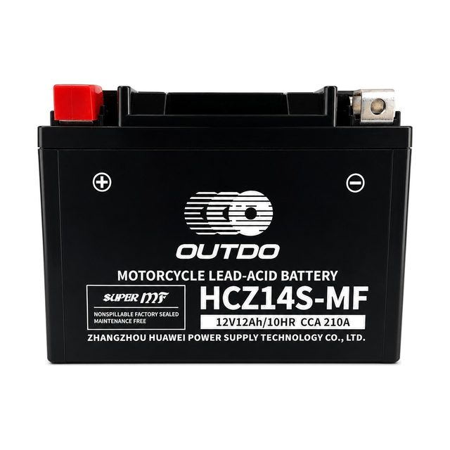 OUTDO HCZ14S-MF, akumulator za motocikl YTZ14S prikazan sprijeda s oba pola
