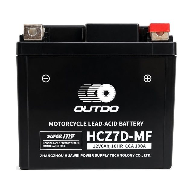 OUTDO HCZ7D-MF, akumulator za motocikl YTZ7S prikazan sprijeda s oba pola