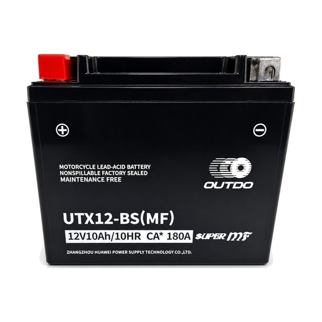 OUTDO UTX12-BS, akumulator za motocikl YTX12-BS prikazan sprijeda s oba pola