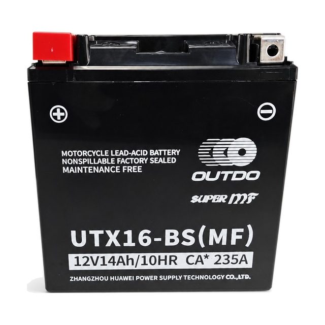 OUTDO UTX16-BS, akumulator za motocikl YTX16-BS prikazan sprijeda s oba pola