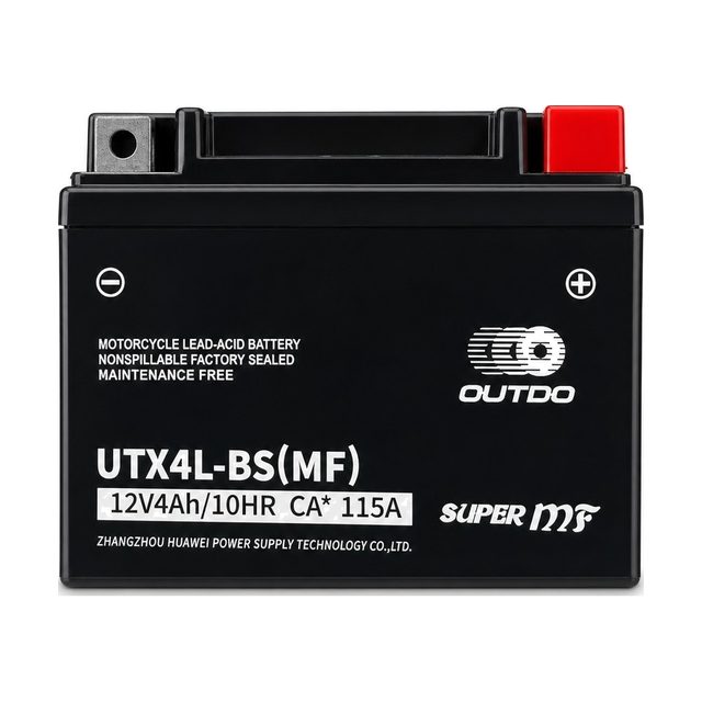 OUTDO UTX4L-BS, akumulator za motocikl YTX4L-BS prikazan sprijeda s oba pola