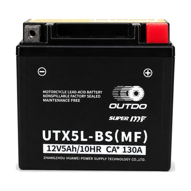 OUTDO UTX5L-BS, akumulator za motocikl YTX5L-BS prikazan sprijeda s oba pola
