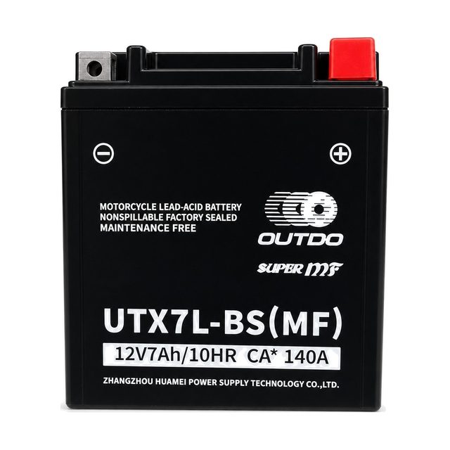 OUTDO UTX7L-BS, akumulator za motocikl YTX7L-BS prikazan sprijeda s oba pola