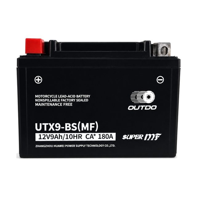 OUTDO UTX9-BS, akumulator za motocikl YTX9-BS prikazan sprijeda s oba pola