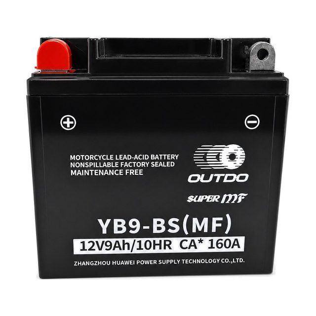 OUTDO YB9-BS, akumulator za motocikl YB9-B prikazan sprijeda s oba pola