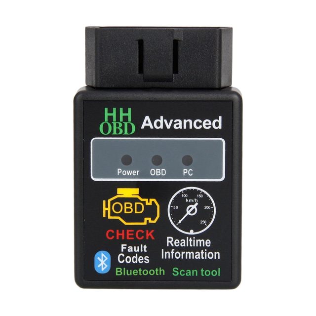 Crni ELM327 Bluetooth „HH OBD Advanced” snimljen sprijeda, sa svjetlima Power, OBD i PC